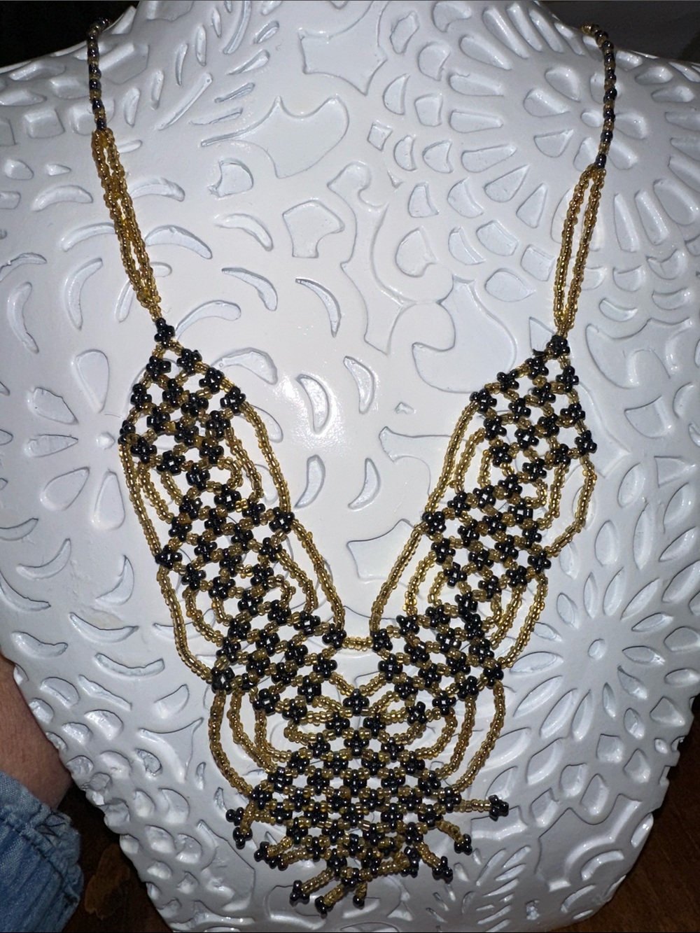 Handmade Antique Gold & Black Seed Bead Statement Necklace - Picture 4 of 7